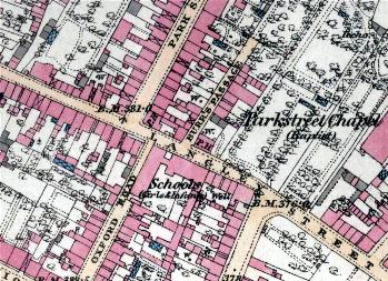 Langley Street Schools shown on an Ordnance Survey map of 1880